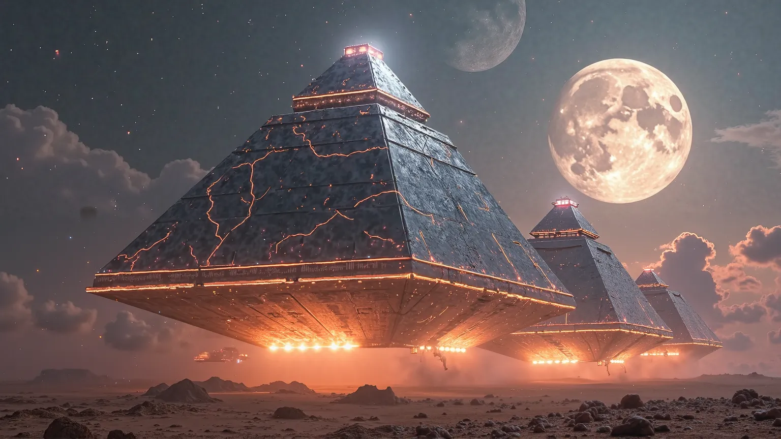 Three colossal spaceships with the exact shape of the pyramids of Egypt descend from the sky, floating with majesty. Its shiny metallic surface reflects the surrounding light, while emitting a futuristic glow through complex neon lines and illuminated pane...