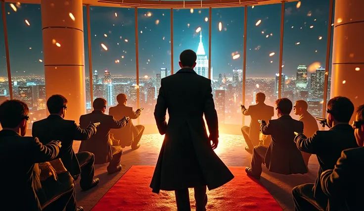 A luxurious penthouse at night, city lights glowing outside massive glass windows. The protagonist, soaked in blood, stands at the entrance, his black trench coat flaring as he moves forward. The crime lord smirks behind a glass desk, heavily armed guards ...