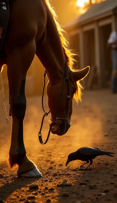 8K HDR golden hour: hands brushing horse’s mangy coat, hooves stamped with Swarm runes. Bare feet avoiding fresh manure, cracked toenails. Textures: horse’s limping leg, rusted stirrups. HDR backlight through stable dust highlights crow pecking at armor.