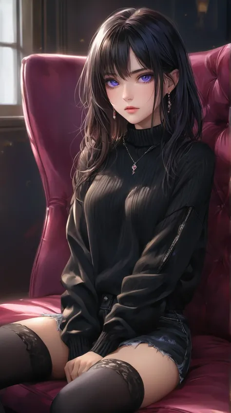  anime girl t-shirt, Long black hair, violet eyes,  She has a seductive look , has a black collar, He's wearing a torn jean and a black sweater, She is sitting on the couch