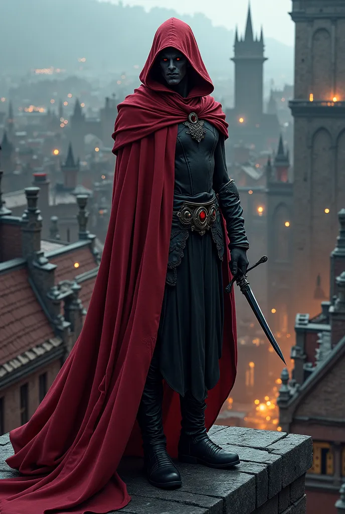 Male a male drow elf with onyx black skin thief wearing a red hooded cloak, leather armor holding a dagger with him standing on a roof of a medieval city