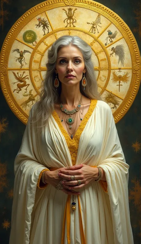 " A captivating depiction of a seer  HD , 70  years old she is dress color white and yellow,    exuding an air of mystery and Christian ball  wisdom   .    She has penetrating eyes that seem to see beyond  on the shoulders  .    She   ornate shawl   ,    j...