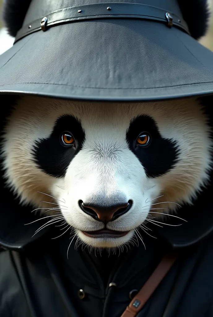 Close-up of the warrior black panda's head with the black iron Non La on his face, except for his eyes, and his ears, without a mask, is realistic.