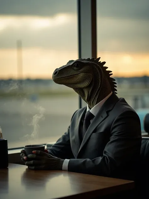 Photograph of anthropomorphic komodo dragon man wearing a grey suit, sitting in an airport cafe, looking out the window, weather outside is sunrise, moody composition, camera raw, steaming cup of coffee