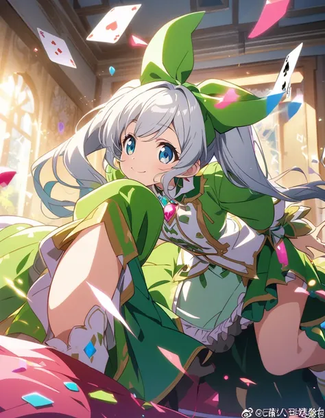 Ace of Spades depicted on a large playing card in the background、 long silver hair 、   beautiful twin tail girl 、smile、 green costume、Ace of Spades on a large playing card、  woman in green dress, beautiful anime girl crawling on the bed, beautiful fantasy ...