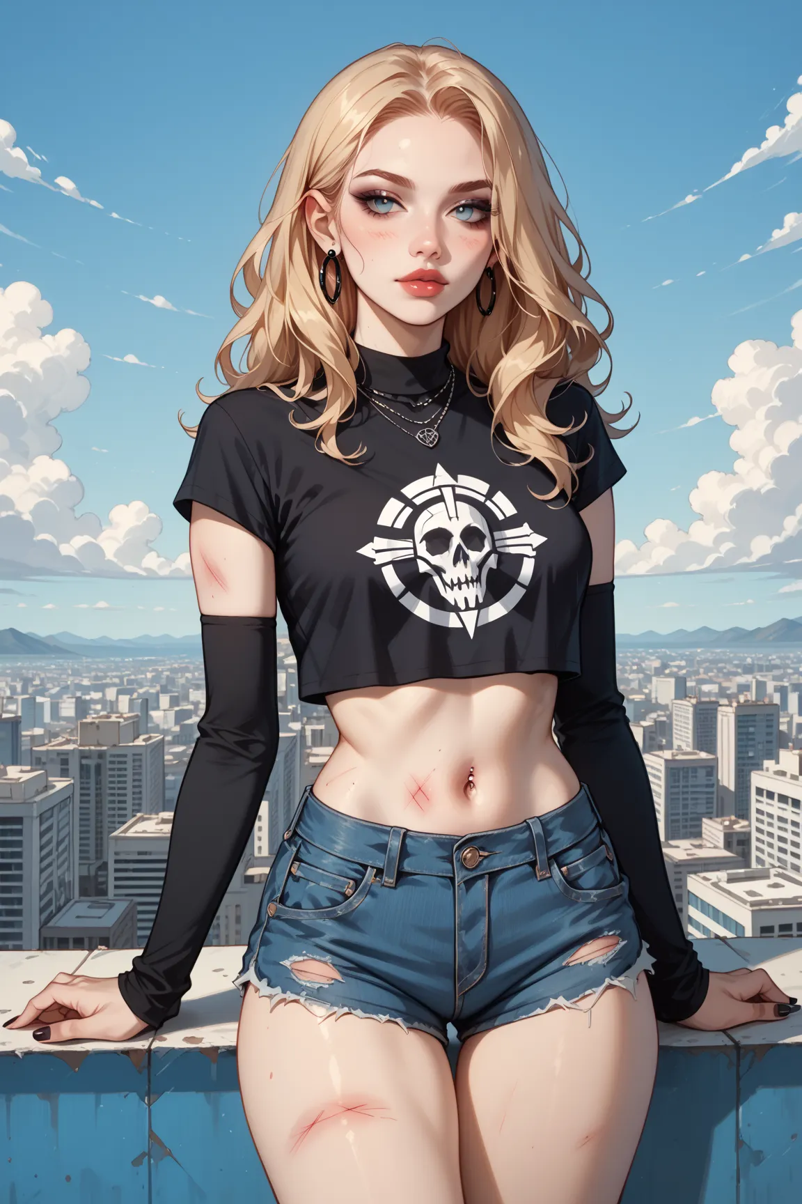 delusional art, blonde, HD, surreal style, city rooftop background, (long wavy black hair), bruised and scratched up, druggy, cropped top, elbow warmers, frayed denim shorts, Feminine Gothic Aesthetics, Clear details , Artilove blow style, Silkscreen Art, ...