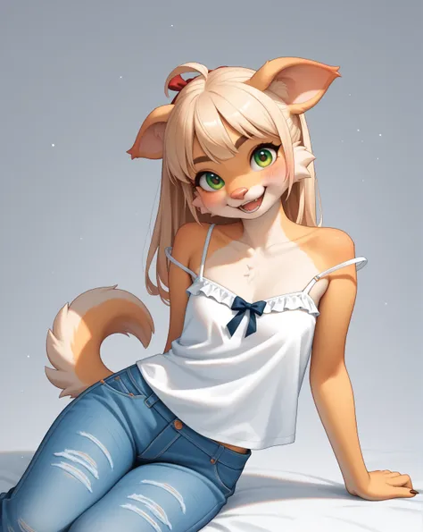 furry dog , petit girl , Worn out baggy camisole , hot pants , ribbon hair tie , tilt face , coquettish , euphoria , bold