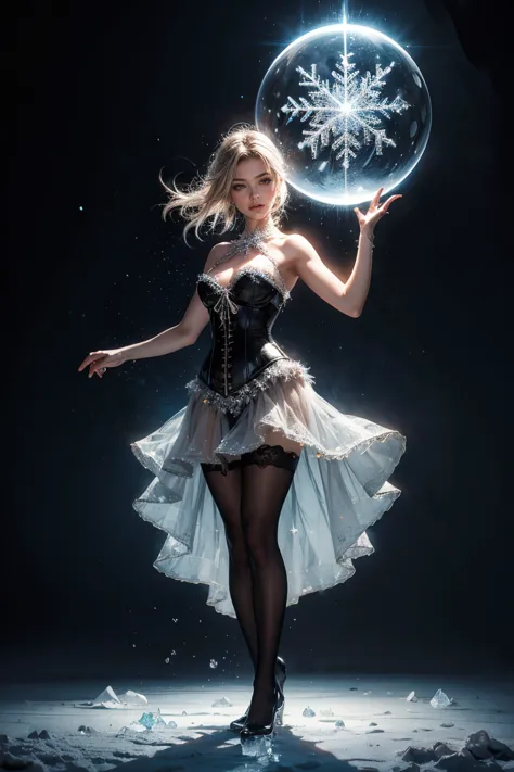 Create a ((full body, semi frontal view))  portrait of an ethereal ice fairy with frost-covered skin, exhaling a breath of magical ice particles that form an intricate snowflake sphere, floating in mid-air. Her hair appears to be made of delicate icicles, ...