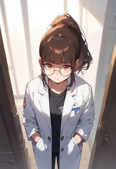 1girl, blunt bangs, ponytail, brown hair, round glasses, no expression, neutral, (tired:0.8), white labcoat, simple black t-shirt, hands in pockets, cowboy shot, from front, pov,