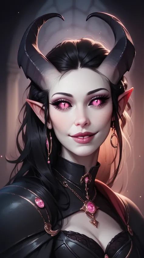  score_9, score_8_ upwards, score_7_ upwards, score_6_ upwards, score_5_ upwards, (((  beautiful , high quality))),  portrait, score_9, score_8_ upwards, score_7_ upwards,  sweet smile, black sclera , slit p upwardsils,  tiefling,  pink eyes ,  white skin,...