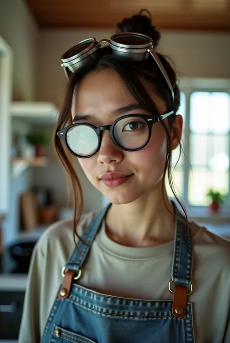 there is a woman that is standing in the kitchen with a pan, selfie of a young woman, wearing a patch over one eye, taken in the early 2020s, looking directly at the camera, looking to the side off camera, goggles on forehead, 1 / 2 headshot, very very low...