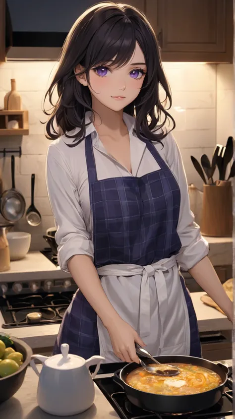  anime girl t-shirt, Long black hair, violet eyes,  She has a seductive look , has a black collar, wears a white apron with the face of a little dog, wear short purple shorts and a blue flannel and a black sweater, He is cooking in the kitchen