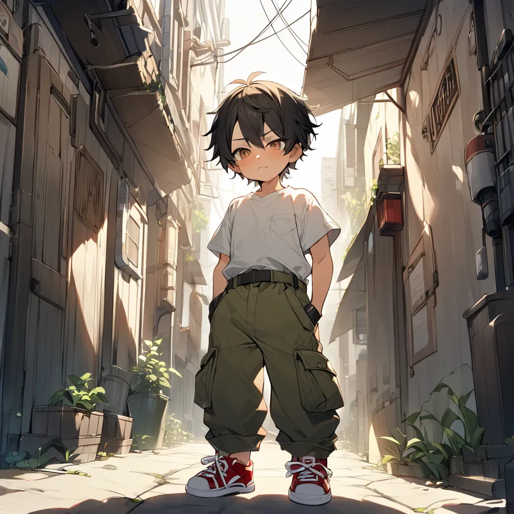  young,  boys,  , little  boys,  Shota, (Alone:1.0), brown eyes,  black hair,  (Very short hair:1.0), ( Unkempt Hairstyle:1.0), ( pale tanned skin :1.0),  have slightly blushing cheeks,  wearing a white shirt, I'm wearing cargo pants, I'm wearing red sneak...