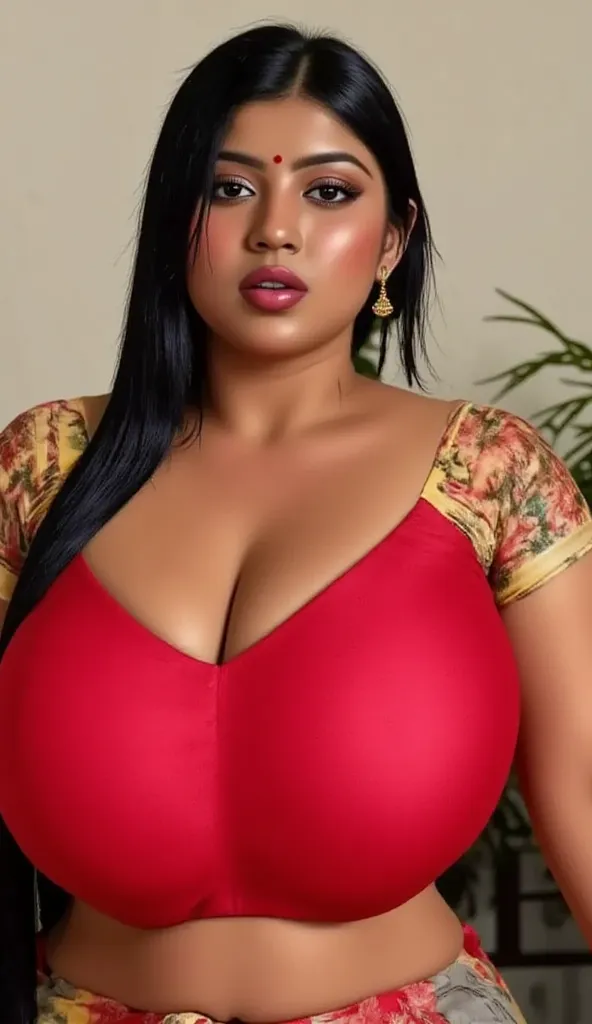   indian chubby woman in her 40s  is wearing a full red long skirt, bedroom , red satin  front closer blouse,big Deep cleavage,big sexy chest,big ,detailed body and face, big bright eyes, charming, sexy, perfect anatomy, braid very long silky smooth oily d...