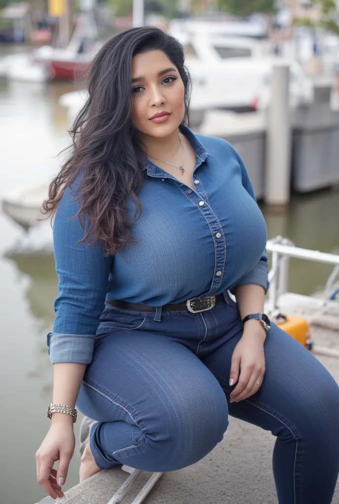 araffe woman in a denim shirt and jeans sitting on a ledge, curvy model, beautiful thick female, angelawhite, alluring plus sized model, thick body, big rounded boobs, very very realistic, beautiful curvy female, casual pose, ekaterina, thicc, attractive f...