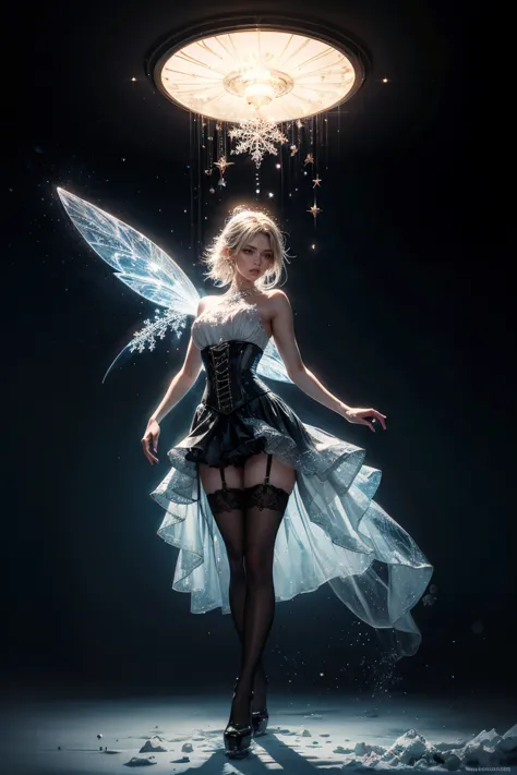 Create a ((full body, semi frontal view))  portrait of an ethereal ice fairy with frost-covered skin, exhaling a breath of magical ice particles that form an intricate snowflake sphere, floating in mid-air. Her hair appears to be made of delicate icicles, ...