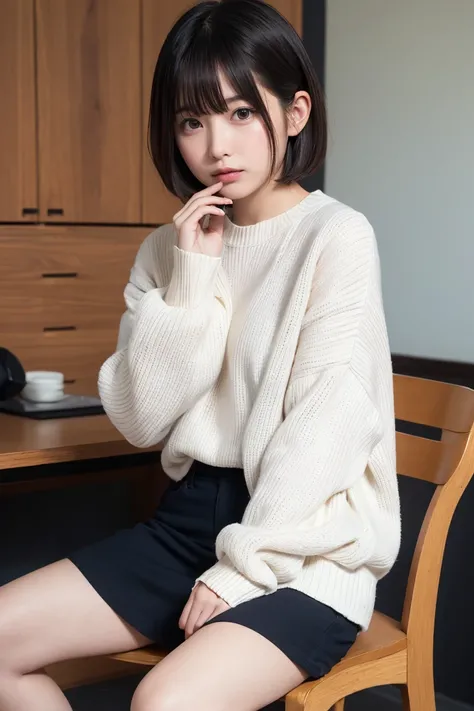 arafed woman sitting on a chair with a white sweater on, with short hair, with short hair with bangs, white hime cut hairstyle, short - medium length hair, sayori, chiho, medium short hair, shiori teshirogi, with a bob cut, rena nounen style 3/4, ayami koj...