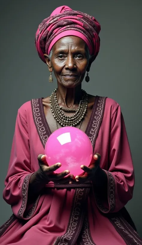 " A frican women 90 years old ,one women in hand crystal ball crystal ball color pink, wear a full dress, dress color pink and dark, turban a head, jewelry in the throat.