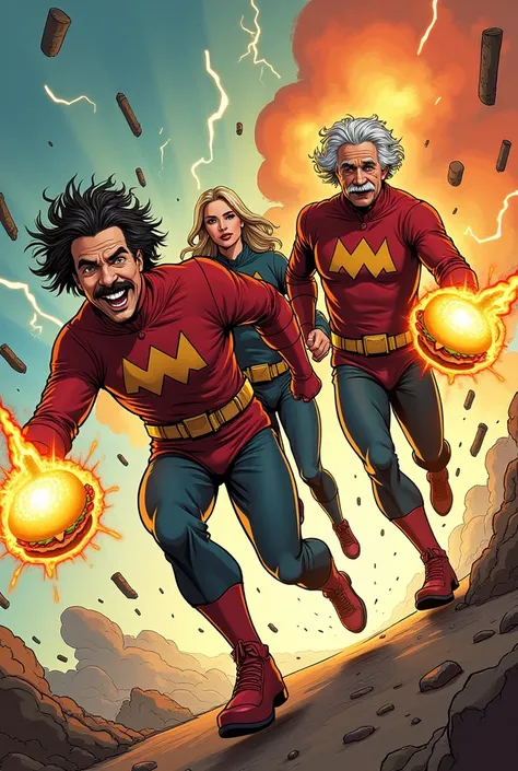 Albert Einstein, Robert oppenheimer with short black hair, two different scientists, moving fast, holding powerful atomic hamburgers, dressed in superheroes customs with burgers, Magneto and Charles Xavier for example, saving the world with their powers, s...