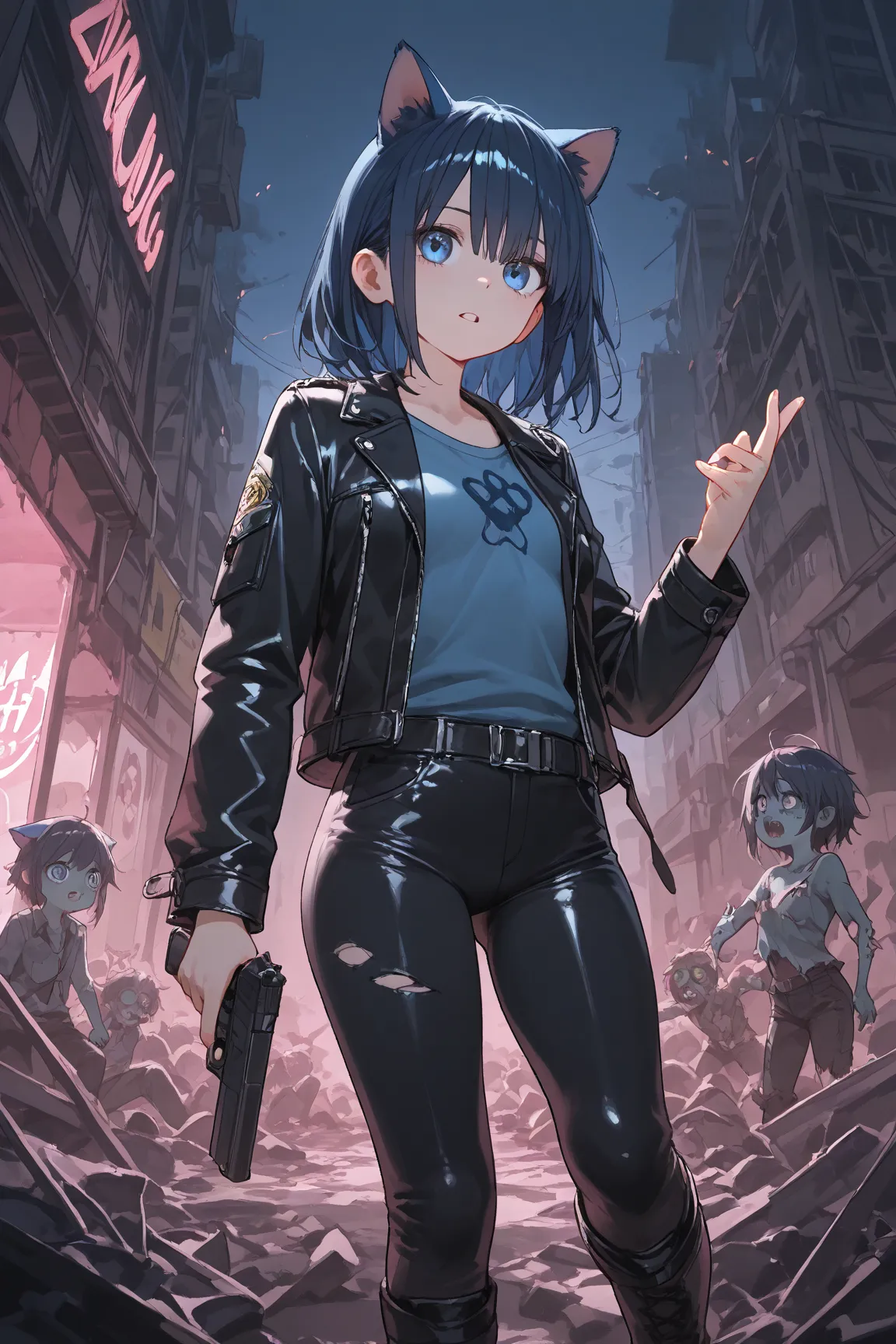 (Cubi: (short dark blue hair, blue kitten ears, pink interior kitten ears, woman, 1woman, one woman), (small breast)), (dark leather jacket, blue shirt, black pants, black military boots), hold a handgun,, BREAK, , ((destroyed city outdoor, dark ambience))...