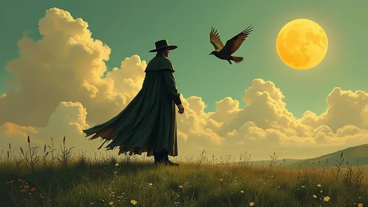 Make a more detailed version and make it looks like it drawn by hand, make everything more detailed leaving all of components being the same. In this composition is standing on grass plague doctor, clouds, sun, flying bird over plague doctor, and of course...