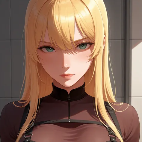 Beautiful Girl, face focus, diagonally from the bottom right, eyes behind the bridge of the nose, The image depicts a highly stylized anime-style illustration of a woman with short blonde hair. She is wearing a dark, form-fitting outfit that accentuates he...