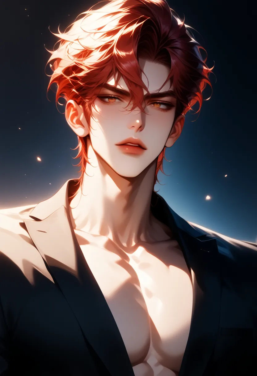 Solo,  1Boys,  short hair ,  face between eyes, Wine red hair ,  arrogantly,  great work, Complete , person,  casting, shirt, cool, face, , slightly parted lips, shirtช็อปวิศวกรรมสีแดง