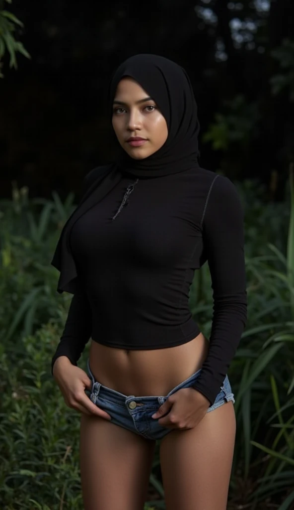 shot with Nikon D70, malaysian lady 18 years old, pale face, show breast,((hijab)) wear black head scarf, natural, no make up, detailed on face, naked, nude, topless, show nipples, jeans short pants, busty body, realistic photo, serious face, model, tall g...