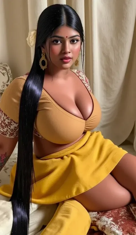   indian chubby woman is wearing a full red long skirt, bedroom , red satin  front closer blouse,big Deep cleavage,big sexy chest,big ,detailed body and face, big bright eyes, charming, sexy, perfect anatomy, braid very long silky smooth oily detailed PONY...