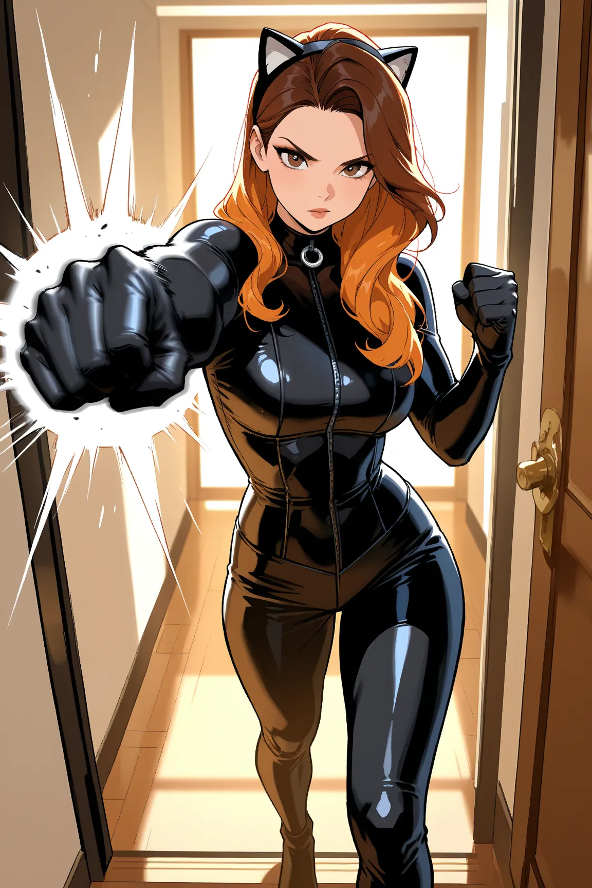 Detailed image, high quality, female supermodel, long supermodel hairstyles, excellent shapes, wearing in Catwoman suit from Hush, calmly standing absolutely alone in room, looking at viewer, punching, clenched hand, motion blur