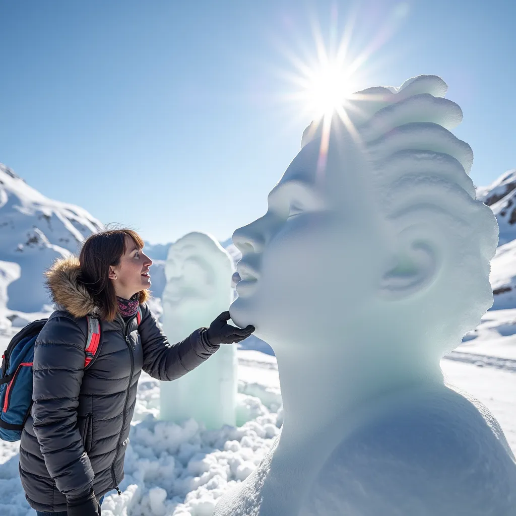 Top of the Alps snowy peak with clear sunny sky. There is ice status exhibition of life like sizes of mature fat Women made from perfectly clear ice. Fat  Czech  tourist is trying to kiss ice lips of statue with passion but gets her lips stuck frozen on  i...