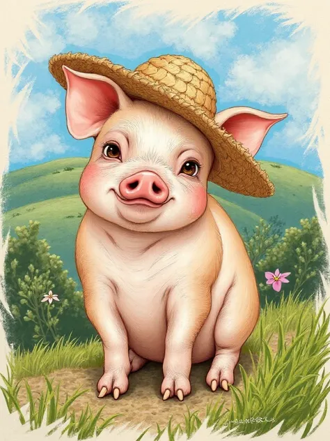 Draw a picture of a piggy like the one in the photo wearing a straw hat