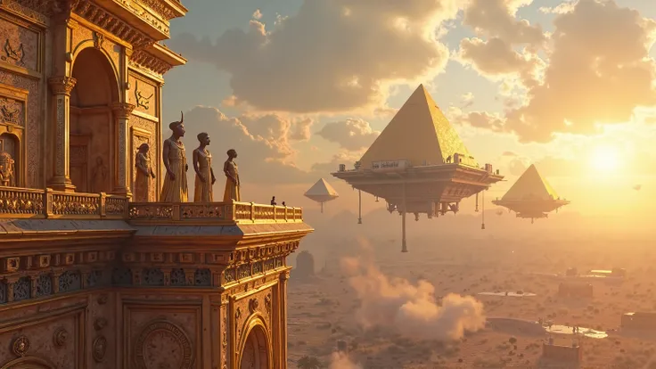 The main gods of ancient Egypt, ra, Amon, Horus, Osiris, Anubis, Impressive and majestic ISIS, rise on the balcony of a futuristic palace with a grandiose design, with golden structures and mystical reliefs.  From above , They solemnly contemplate three co...