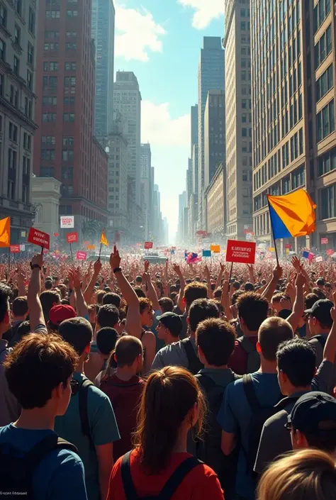 A political confrontation between liberals and conservatives, with flags and passionate speeches