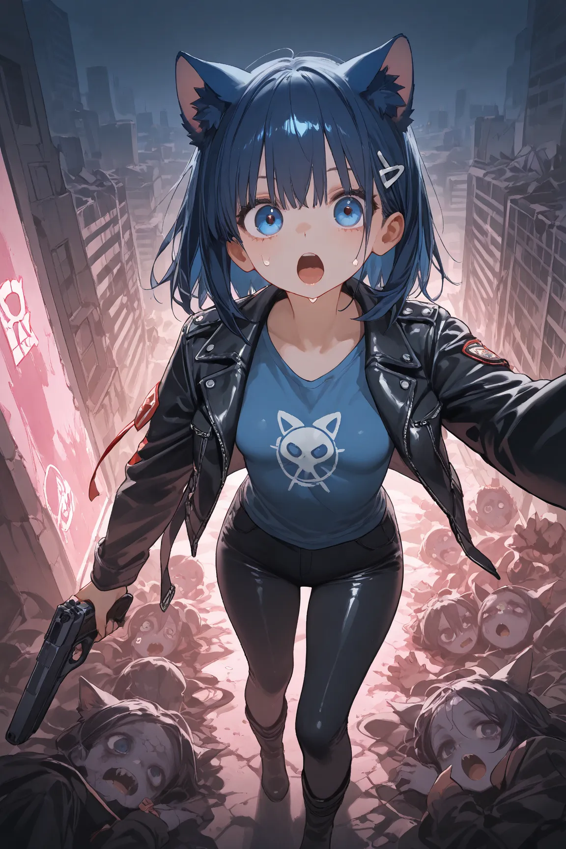 (Cubi: (short dark blue hair, blue kitten ears, pink interior kitten ears, woman, 1woman, one woman), (small breast)), (dark leather jacket, blue shirt, black pants, black military boots), hold a handgun,, BREAK, , ((destroyed city outdoor, dark ambience))...