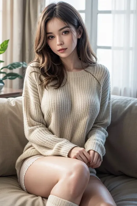 "A beautiful woman with long, wavy brown hair sits gracefully in a cozy, well-lit living room. She wears a long-sleeved, white cropped sweater with a soft, warm texture, evoking a sense of comfort. She also wears delicate white panties and thigh-high white...