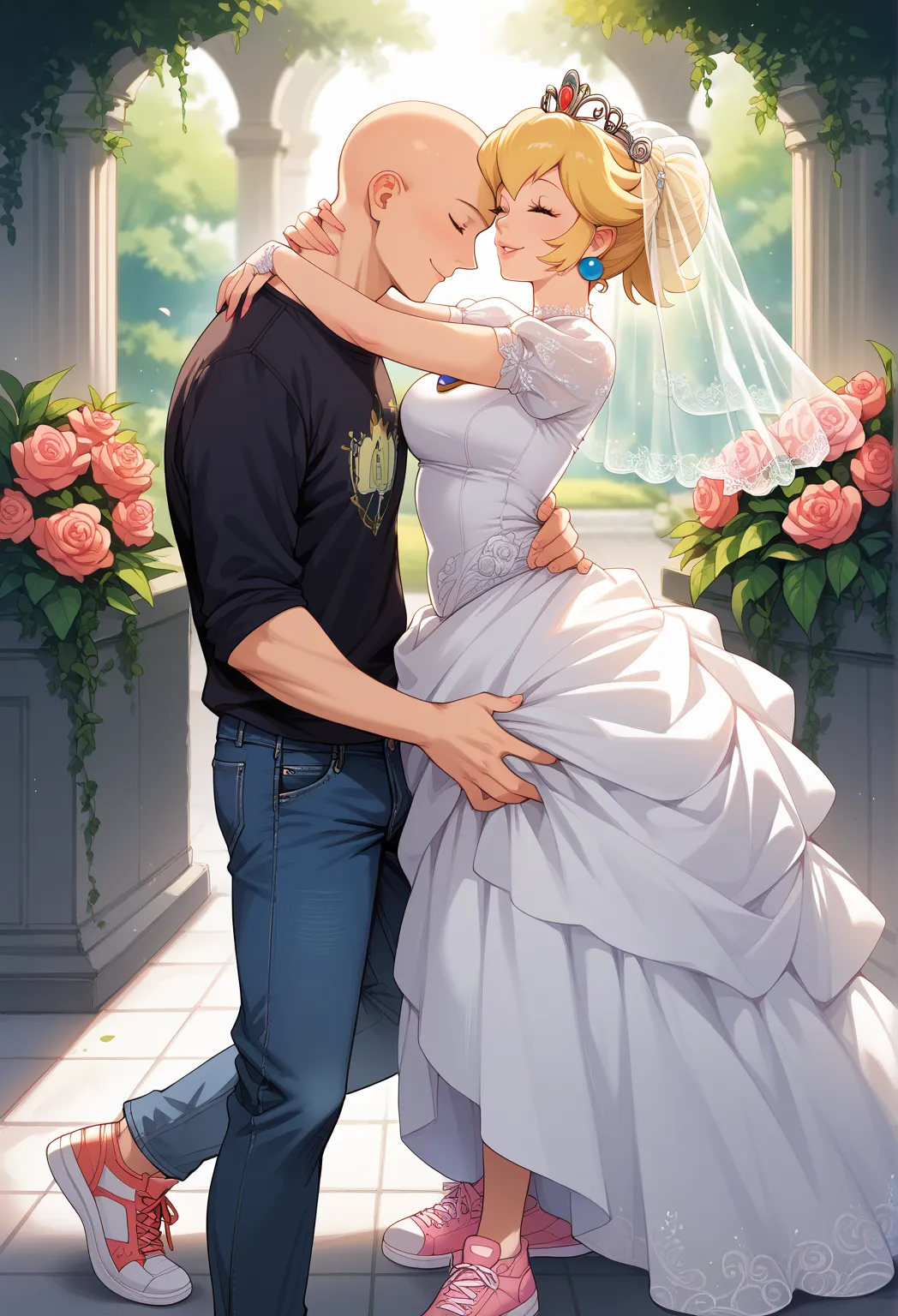  Masterpiece, Hi-Res, top quality,8k
(Princess Peach)
(wedding dress,bridal veil)
(smile)
(hugging)(Man wearing t-shirt, jeans and sneakers, broad shoulders, bald)