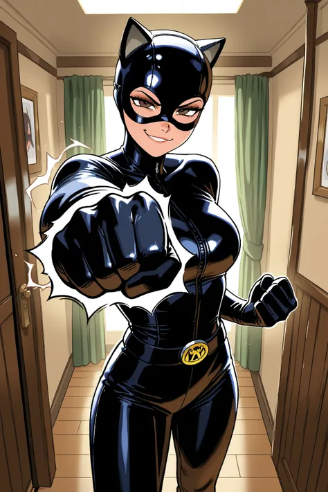 Detailed image, high quality, female supermodel, smug face, excellent shapes, wearing in Catwoman suit from Hush, fullhead Catwoman mask from Hush, calmly standing absolutely alone in room, looking at viewer, punching, clenched hand, 