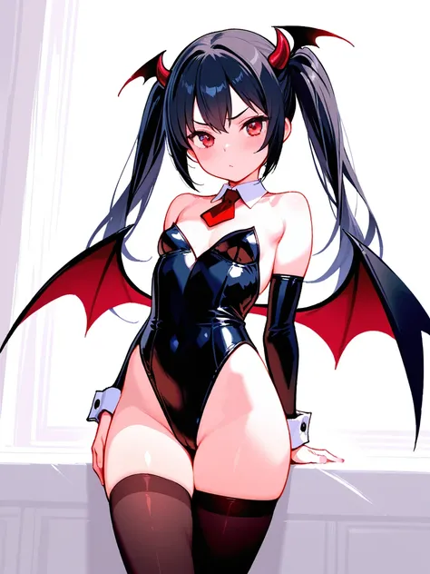 8k,masterpiece, best quality, ultra detailed, high resolution, super fine illustration, Beautiful little devil girl, red eyes, black hair, twintails, small breasts, leotard, thighhighs, looking at viewer,