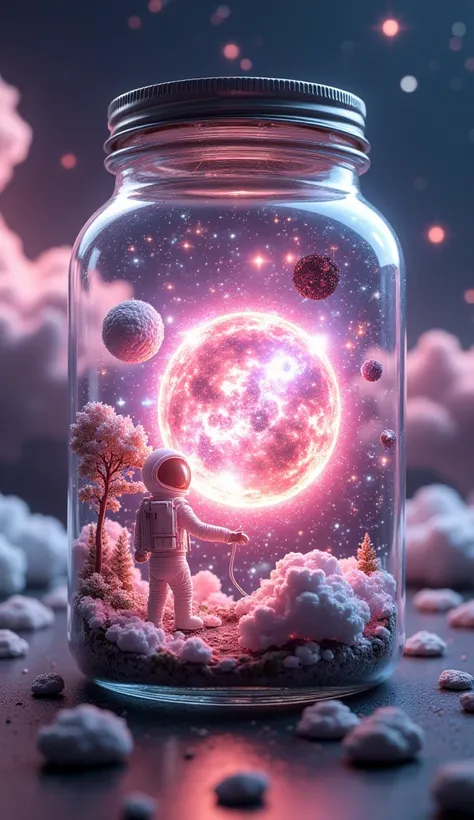 highly detailed, hyper-realistic scene of a large glass jar containing an entire magical cosmos, crafted in soft pink and lavender tones. The jar is filled with a dreamlike universe featuring galaxies, planets, and countless stars, with a tiny astronaut fl...