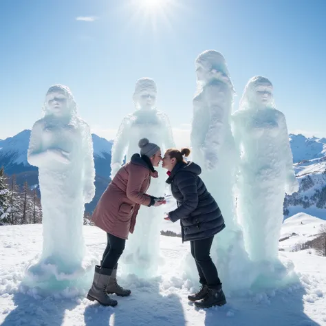 Top of the mountains, snowy peak with clear sunny sky. There is ice statues exhibition of life like sizes of  Women made from perfectly clear , transparent, ice. Fat  Czech  tourist is trying to kiss ice lips of one statue with passion but gets her lips st...