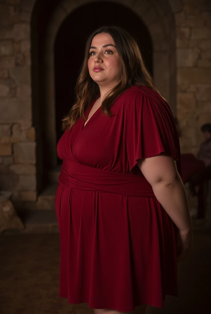 High quality shy and timid, 35-year-old obese ssbbw girl, standing in ancient Rome dungeon,(photo quality) masterpiece, 4k high res, shy pose, fat body, busty, chubby face, (red Roman tunic), teasing, blushing, slight cleavage, long straight brunnete hair,...