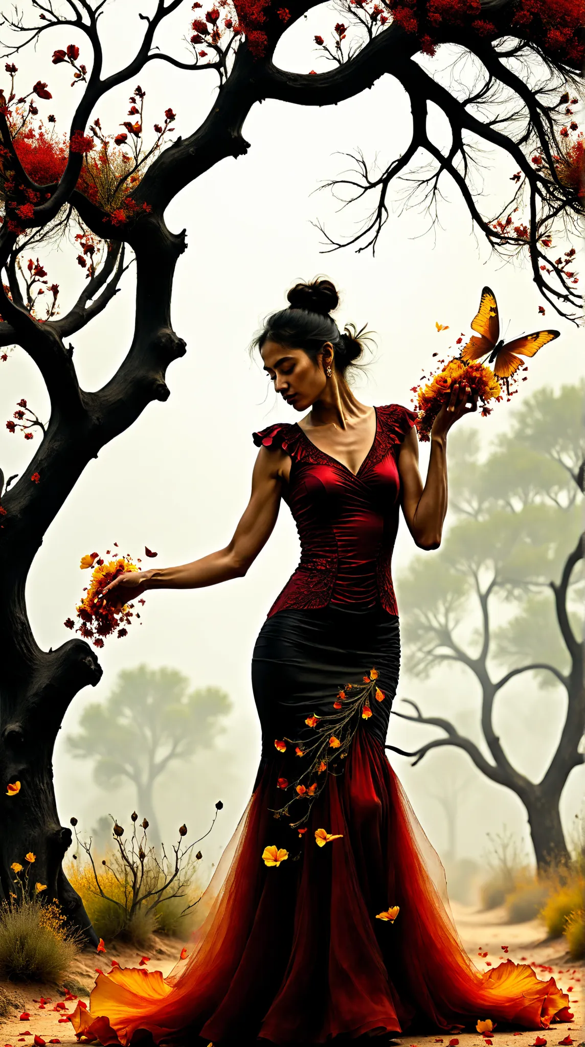 In the heart of Andalusia, where sun-scorched plains, ancient rivers, and molten sunsets collide, a Flamenco dancer embodying Spain’s Gypsy soul emerges—her form a tempest of fire and shadow, hair raven-black and coiled with rose petals, trailing cigarillo...