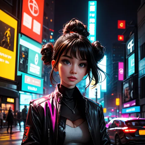 WA captivating, high-energy poster of a cyberpunk painting features a female character set against a backdrop of a city skyline. The woman has a distinct cyberpunk aesthetic, with vibrant neon colors highlighting her face, hair, and clothing. Her hair is s...