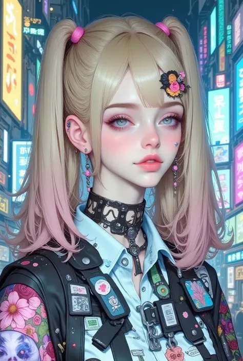 ((centered image,  general plan , blonde haur, pink and blue pigtails. Full body of a beautiful woman with exaggerated features caricaturized in the kawaii style :1.52,  thick and plump lips with kissable glitter  ,  large with glitter and reflections  ,  ...