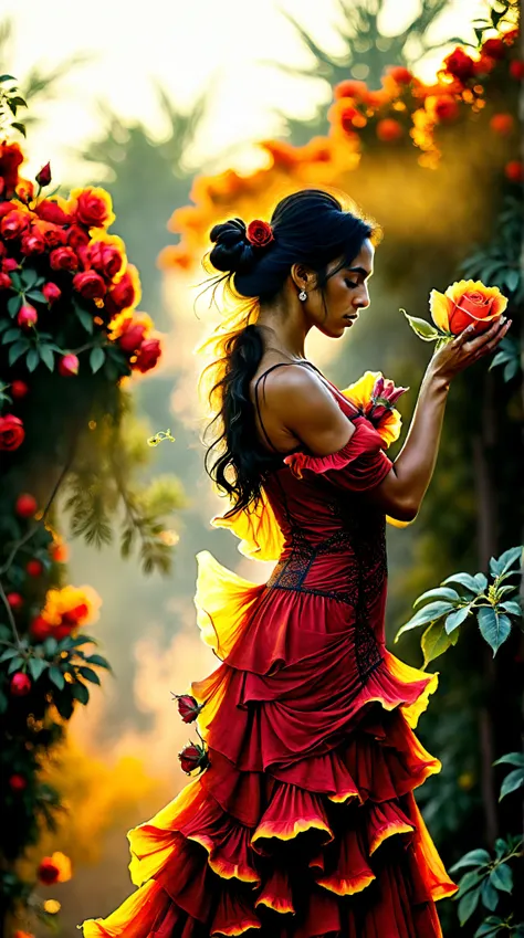 In the heart of Andalusia, where sun-scorched plains, ancient rivers, and molten sunsets collide, a Flamenco dancer embodying Spain’s Gypsy soul emerges—her form a tempest of fire and shadow, hair raven-black and coiled with rose petals, trailing cigarillo...