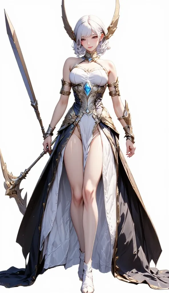 (Masterpiece:1.5,Top Quality:1.3,Amazing Quality:1.3), (Anime Character), nsfw, Solo, Full Length, Chiara, 1 Girl, ((Sexy cute woman:1.5)), White Skin, Silver Gauntlets, Silver Boots, Western Armor, Shining Clothes, gleaming decorations, ((with big axe typ...