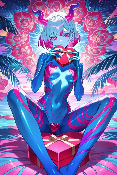 cool beauty, gradation color hair, slender body, sit in Heart-shaped box object , nippon exotic fashion, tropical motif room, neon color, Heart-shaped sitting object,