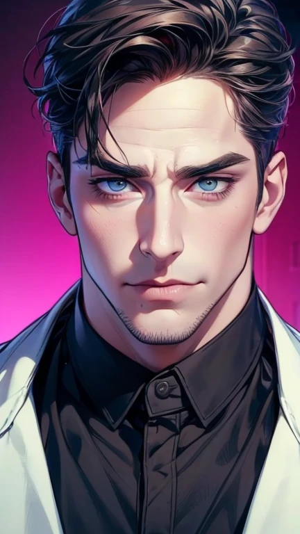 (  idiot,4K,8k,   highres,  masterpiece:1.2),   ultra-detailed,(Realistic,photoRealistic,photo-Realistic:1.37),36-year-old man,3 day beard,cute anime ,Portraits,strong,masculine,   dark hair,sharp jaw,      mesmerizing eyes      ,   perfectly combed hair, ...