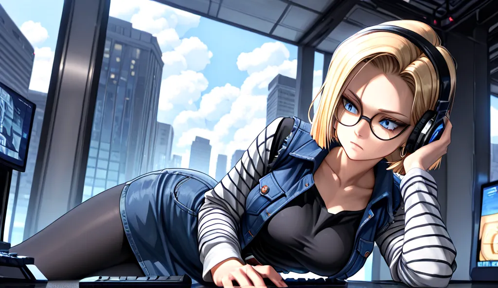 Android18, Artificial Human Room No. 18, Blonde, blue eyes, eyelash, Hoop earrings, short hair, Earrings,
broken belt, black leggings, black shirt, chest pocket, hairpin, collarbone, denim, denim skirt, high waist skirt, jewelry, long sleeve, pocket, shirt...